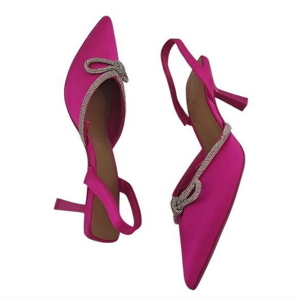 New- Aldo Pink Satin Effect Crystal Rhinestone Bow Slingback LacqueredHeels - Picture 7 of 12